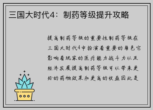 三国大时代4：制药等级提升攻略
