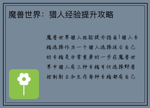 魔兽世界：猎人经验提升攻略